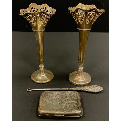 321 - Silver - a pair of silver pierced trumpet vases, 17cm high, cigarette case, button hook (4)