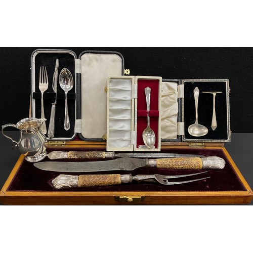336 - Silver & Plate - a Victorian silver mounted horn handled three piece carving set, Sheffield 1893, oa... 