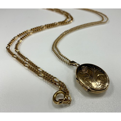 446 - A 9ct gold oval locket pendant necklace, pendant Birmingham 1972,  54cm long chain, stamped 9ct;  an... 