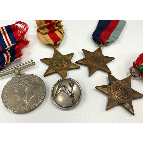 447 - WW2 British 1939 -45 Star, Africa Star, Italy Star  and Defence Medal. All complete with ribbons.