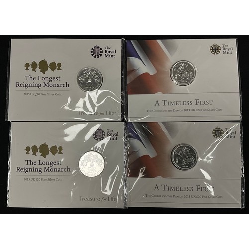 459 - Coins - Royal Mint Twenty Pound £20.00, 999 silver coins 2013 Timeless First (2), 2015 The Longest R... 