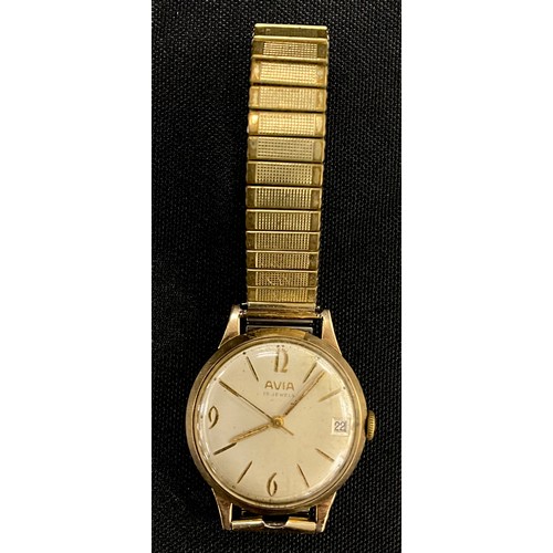 458 - An Avia 9ct gold cased wristwatch, domed silver dial, Arabic nemerals and block baton markers, date ... 