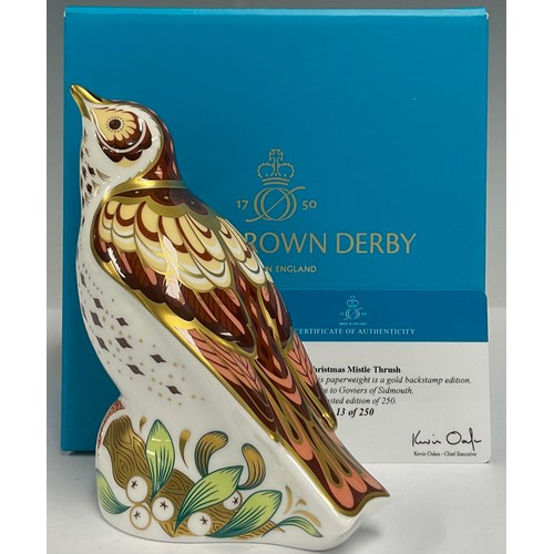 25 - A Royal Crown Derby paperweight, Christmas Mistle Thrush, Goviers of Sidmouth exclusive, limited edi... 