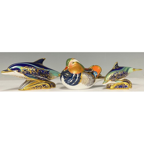 28 - Royal Crown Derby paperweights - Bottlenose Dolphin, Bottlenose Dolphin calf, Mandarin Duck, all sil... 