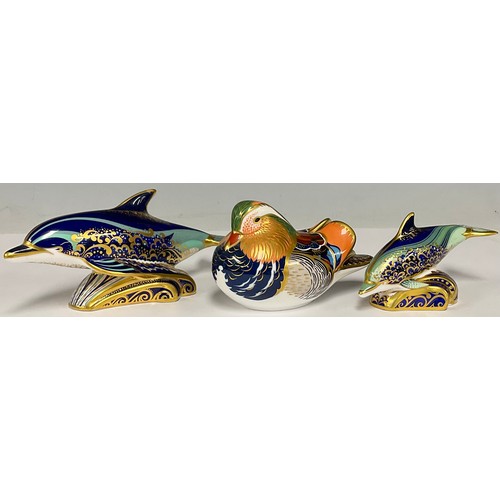 28 - Royal Crown Derby paperweights - Bottlenose Dolphin, Bottlenose Dolphin calf, Mandarin Duck, all sil... 