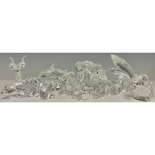 43 - A graduated set of five crystal Swarovski elephants; other animals including Reindeer, Dolphins, Lio... 