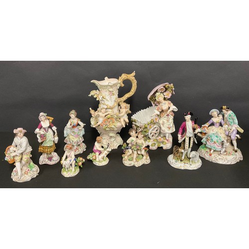 48 - A Sitzendorf porcelain figure group, of a courting couple, seated on a tree stump with a dog at thei... 