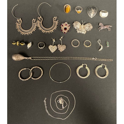 58 - Silver Jewellery - various earrings; stone-set rings; filigree butterfly brooch; etc