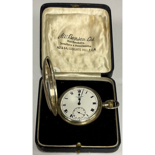 76 - A J.W. Benson silver half hunter pocket watch, signed white enamel dial, bold Roman numerals, minute... 