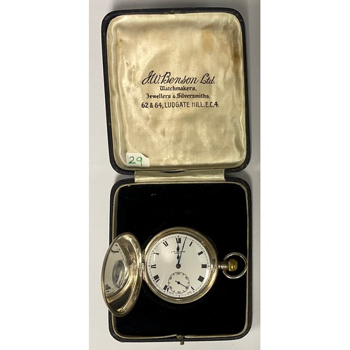 76 - A J.W. Benson silver half hunter pocket watch, signed white enamel dial, bold Roman numerals, minute... 