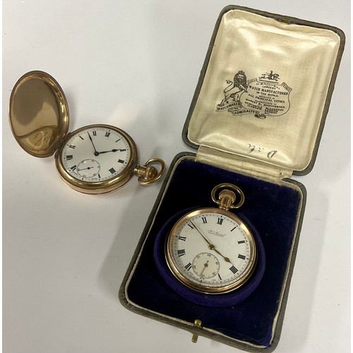 80 - A Zenith gold plated hunter cased pocket watch, white enamel dial, bold Roman numerals, subsidiary s... 