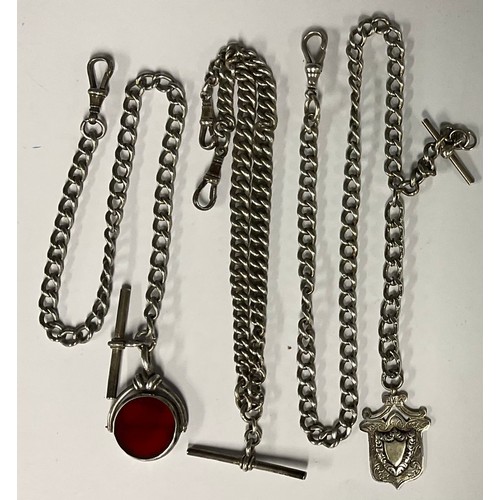 81 - An Edwardian silver double Albert chain, 35.5cm long, another with shield medal fob , London 1927, 4... 