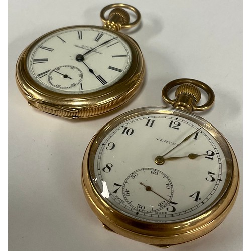 83 - A Waltham gold plated open face pocket watch, white dial, Roman numerals, subsidiary seconds, 13 jew... 