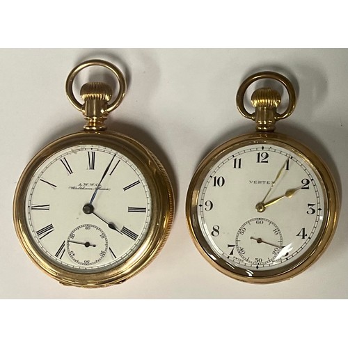 83 - A Waltham gold plated open face pocket watch, white dial, Roman numerals, subsidiary seconds, 13 jew... 