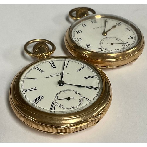 83 - A Waltham gold plated open face pocket watch, white dial, Roman numerals, subsidiary seconds, 13 jew... 