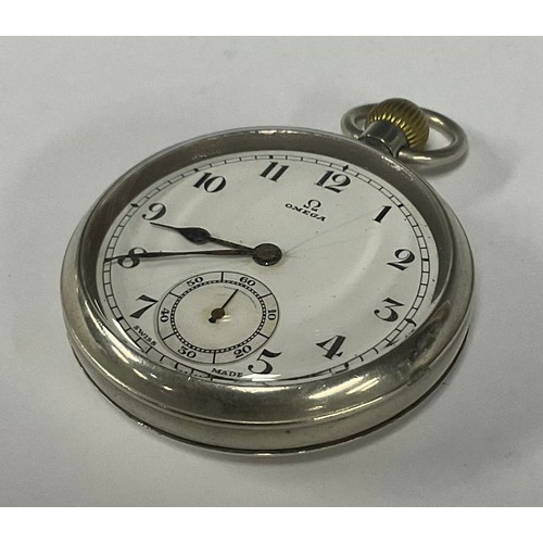 84 - Omega - 1930s Chrome cased pocket watch, white dial, bold Arabic numerals, subsidiary seconds, brass... 