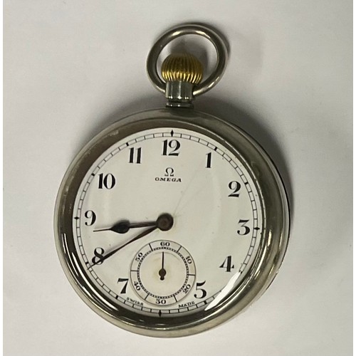 84 - Omega - 1930s Chrome cased pocket watch, white dial, bold Arabic numerals, subsidiary seconds, brass... 