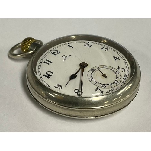 84 - Omega - 1930s Chrome cased pocket watch, white dial, bold Arabic numerals, subsidiary seconds, brass... 