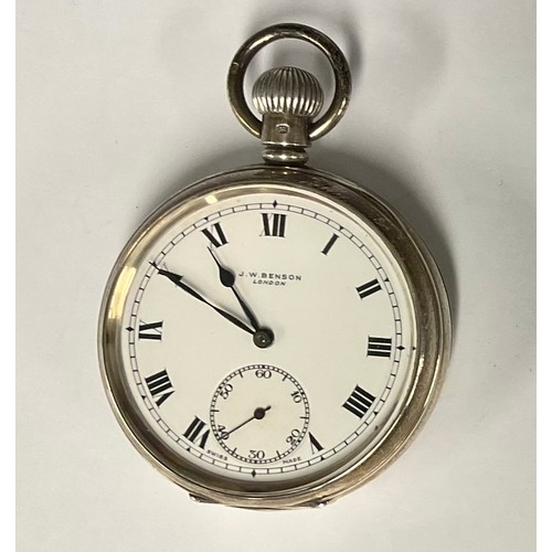 89 - A J W Benson silver cased open face pocket watch, white enamel dial, bold Roman numerals, subsidiary... 