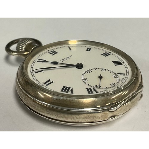 89 - A J W Benson silver cased open face pocket watch, white enamel dial, bold Roman numerals, subsidiary... 