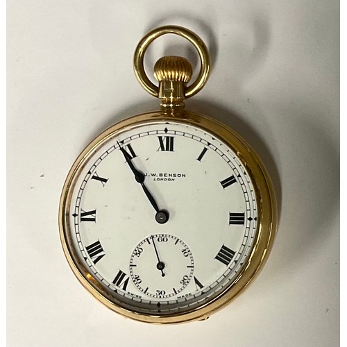 91 - A J W Benson 9ct gold open face pocket watch, white dial, bold Roman numerals, subsidiary seconds, 1... 