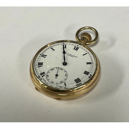 91 - A J W Benson 9ct gold open face pocket watch, white dial, bold Roman numerals, subsidiary seconds, 1... 