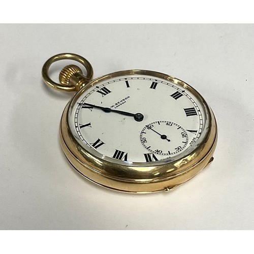 91 - A J W Benson 9ct gold open face pocket watch, white dial, bold Roman numerals, subsidiary seconds, 1... 