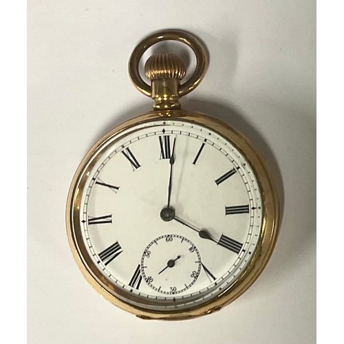 92 - Omega - gold plated open face pocket watch, white enamel dial, bold Roman numerals, subsidiary secon... 