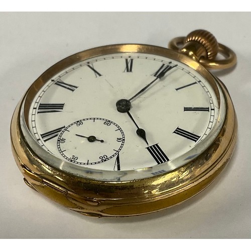 92 - Omega - gold plated open face pocket watch, white enamel dial, bold Roman numerals, subsidiary secon... 