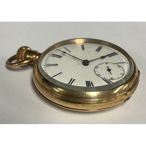 92 - Omega - gold plated open face pocket watch, white enamel dial, bold Roman numerals, subsidiary secon... 