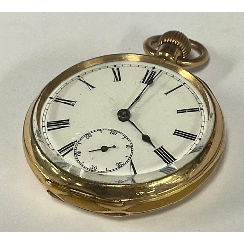 92 - Omega - gold plated open face pocket watch, white enamel dial, bold Roman numerals, subsidiary secon... 