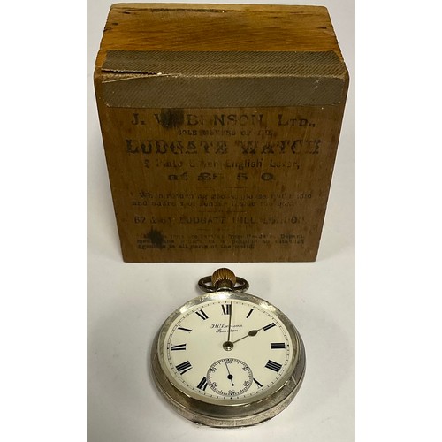 93 - An Edwardian J W Benson The Bank silver open face pocket watch, signed white enamel dial, bold Roman... 