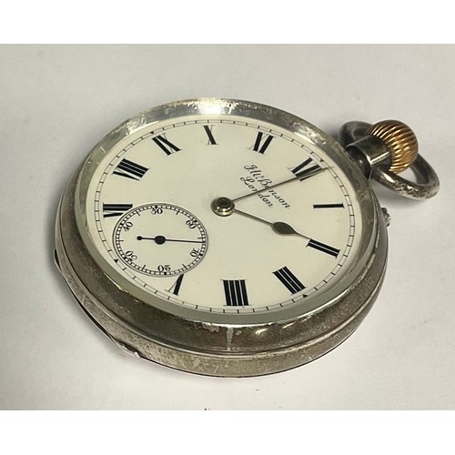 93 - An Edwardian J W Benson The Bank silver open face pocket watch, signed white enamel dial, bold Roman... 