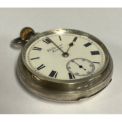 93 - An Edwardian J W Benson The Bank silver open face pocket watch, signed white enamel dial, bold Roman... 