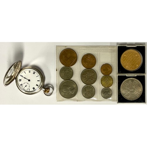 127 - A 925 silver half hunter pocket watch, blue Roman numerals to case, enamel face, subsidiary seconds ... 