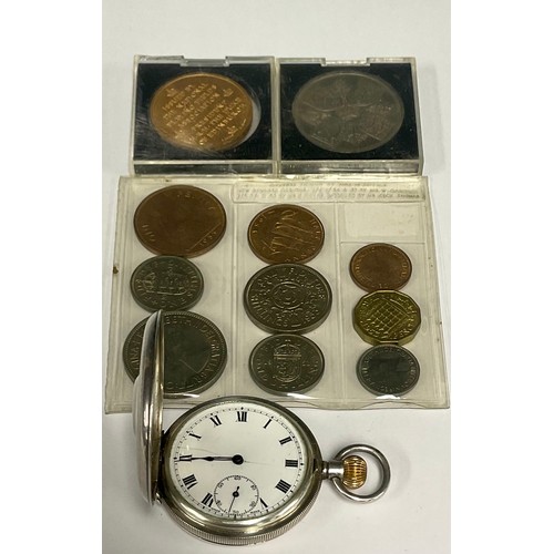 127 - A 925 silver half hunter pocket watch, blue Roman numerals to case, enamel face, subsidiary seconds ... 