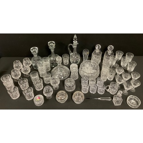 143 - Glassware - a pair of cut glass canted rectangular decanters; a cut glass ships decanter; other deca... 