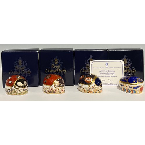 301 - A Royal Crown Derby paperweight, Millennium Bug, gold stopper, certificate, boxed; others, Blue Lady... 