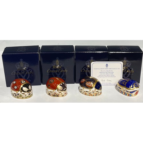 301 - A Royal Crown Derby paperweight, Millennium Bug, gold stopper, certificate, boxed; others, Blue Lady... 