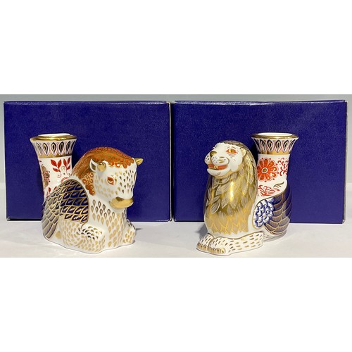 302 - A Royal Crown Derby candleholder/paperweight, inspired by mythical creatures, Lion, 8.5cm high, gold... 