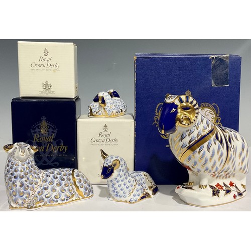 307 - A Royal Crown Derby paperweight, Ram, gold stopper, boxed; others, Sheep, Lamb, Twin lambs, all with... 