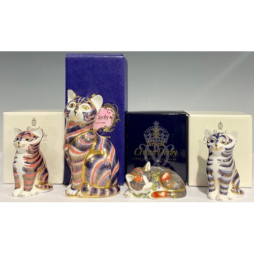 309 - A Royal Crown Derby paperweight, Cat, gold stopper, boxed; others, Grey Kitten, Cat Nip Kitten, Kitt... 