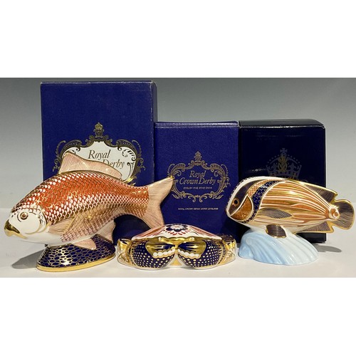 313 - A Royal Crown Derby paperweight, Tropical Fish, gold stopper, boxed; others, Golden Carp, gold stopp... 