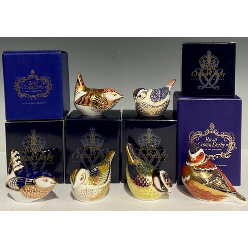 316 - A Royal Crown Derby paperweight, Firecrest, gold stopper, boxed; others, Chaffinch, Wren, Derby Wren... 
