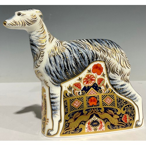 2 - A Royal Crown Derby paperweight, Lurcher, designed by John Ablitt, 17cm high, printed marks in red, ... 