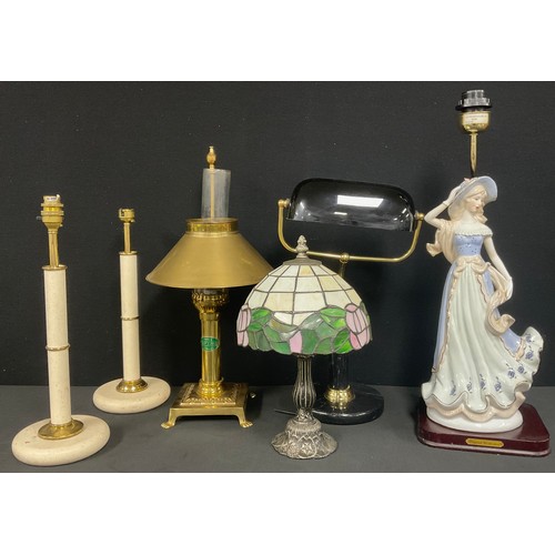326 - Lighting - a banker's desk lamp, black and white glass shade, 42cm high; a porcelain table lamp, as ... 