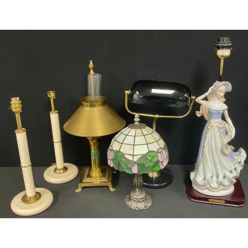 326 - Lighting - a banker's desk lamp, black and white glass shade, 42cm high; a porcelain table lamp, as ... 