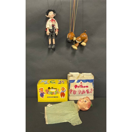 343 - Puppets - SL range Bengo the dog, painted sectional body, felt ears, boxed,  Vampire Boy, moulded he... 