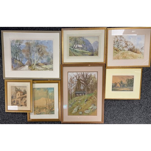 351 - Pictures and Prints - R. J. Wood (20th century), Cottage by the Bridge, signed, watercolour, 35.5cm ... 