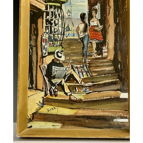 354 - Michael D Barnfather (b. 1934), Mediterranean Street Scene, signed Barny, watercolour, label to vers... 